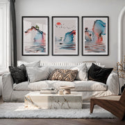 Japanese Wall Art Panels Featuring Misty Pine Forest - Black Framed Poster with White Border - Artworksets