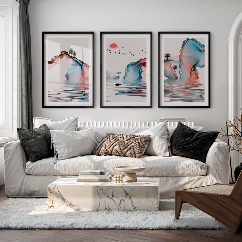 Japanese Wall Art Panels Featuring Misty Pine Forest - Black Framed Poster with White Border - Artworksets