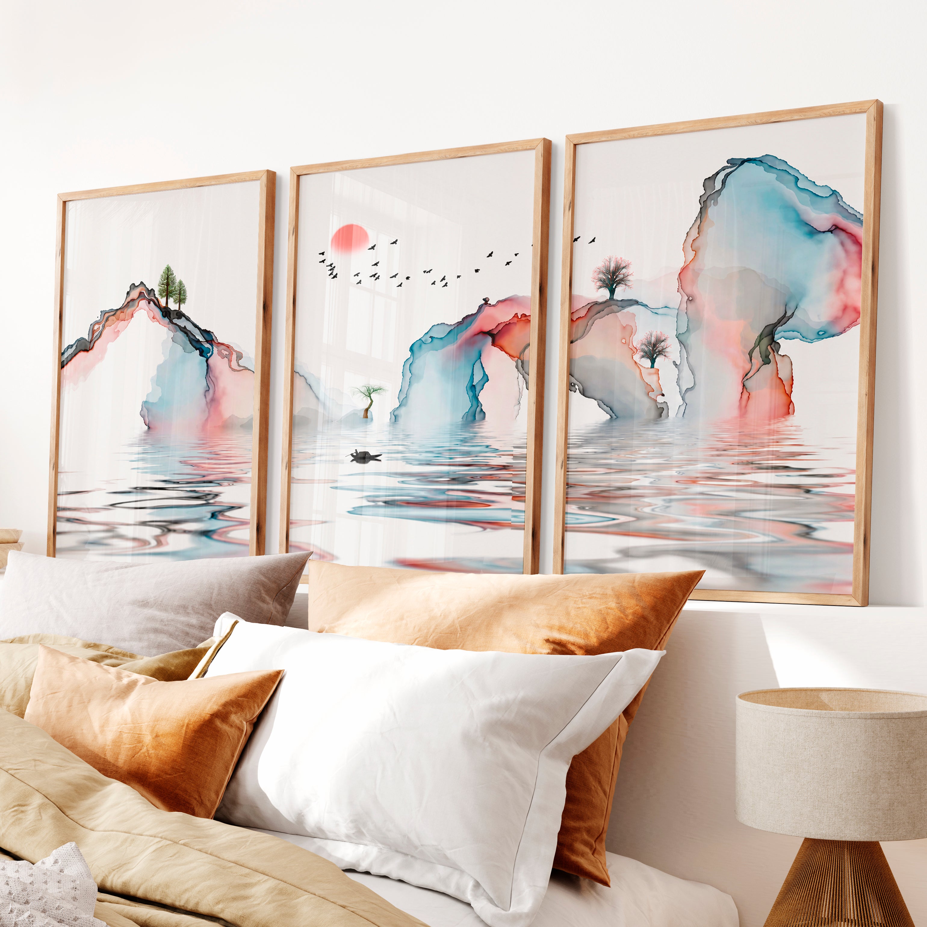 Japanese Wall Art Panels Featuring Misty Pine Forest - Natural Wood Framed Poster No Border - Artworksets