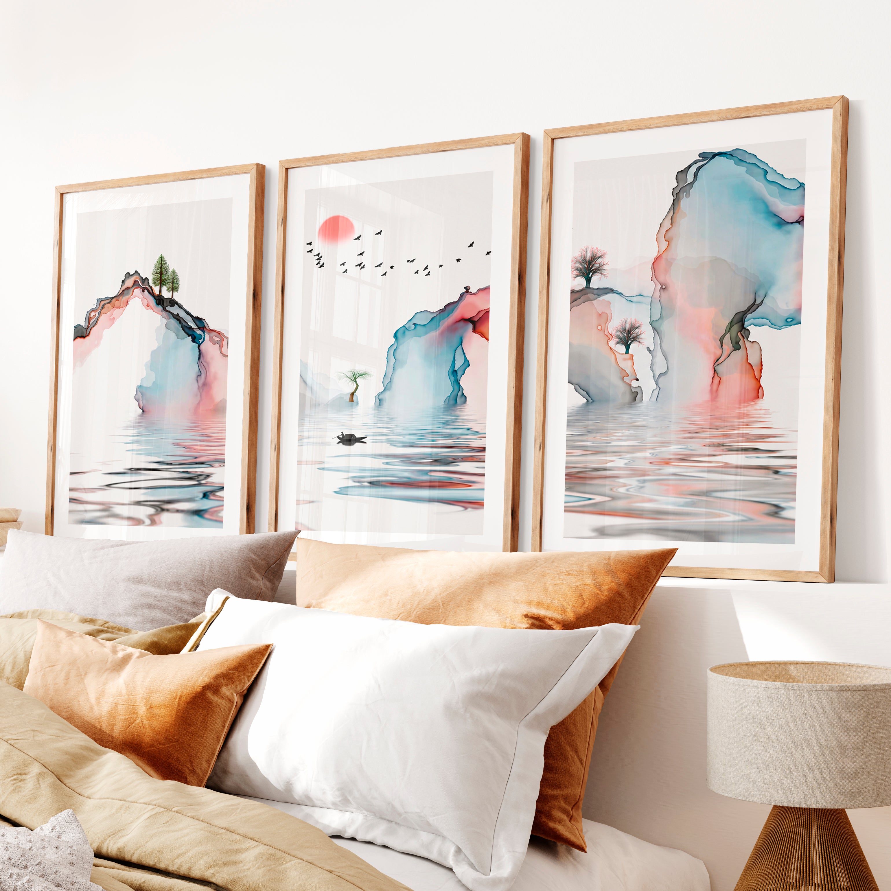 Japanese Wall Art Panels Featuring Misty Pine Forest- Natural Wood Framed Poster with White Border - Artworksets