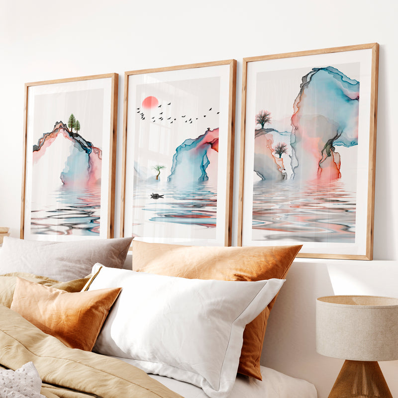 Japanese Wall Art Panels Featuring Misty Pine Forest- Natural Wood Framed Poster with White Border - Artworksets