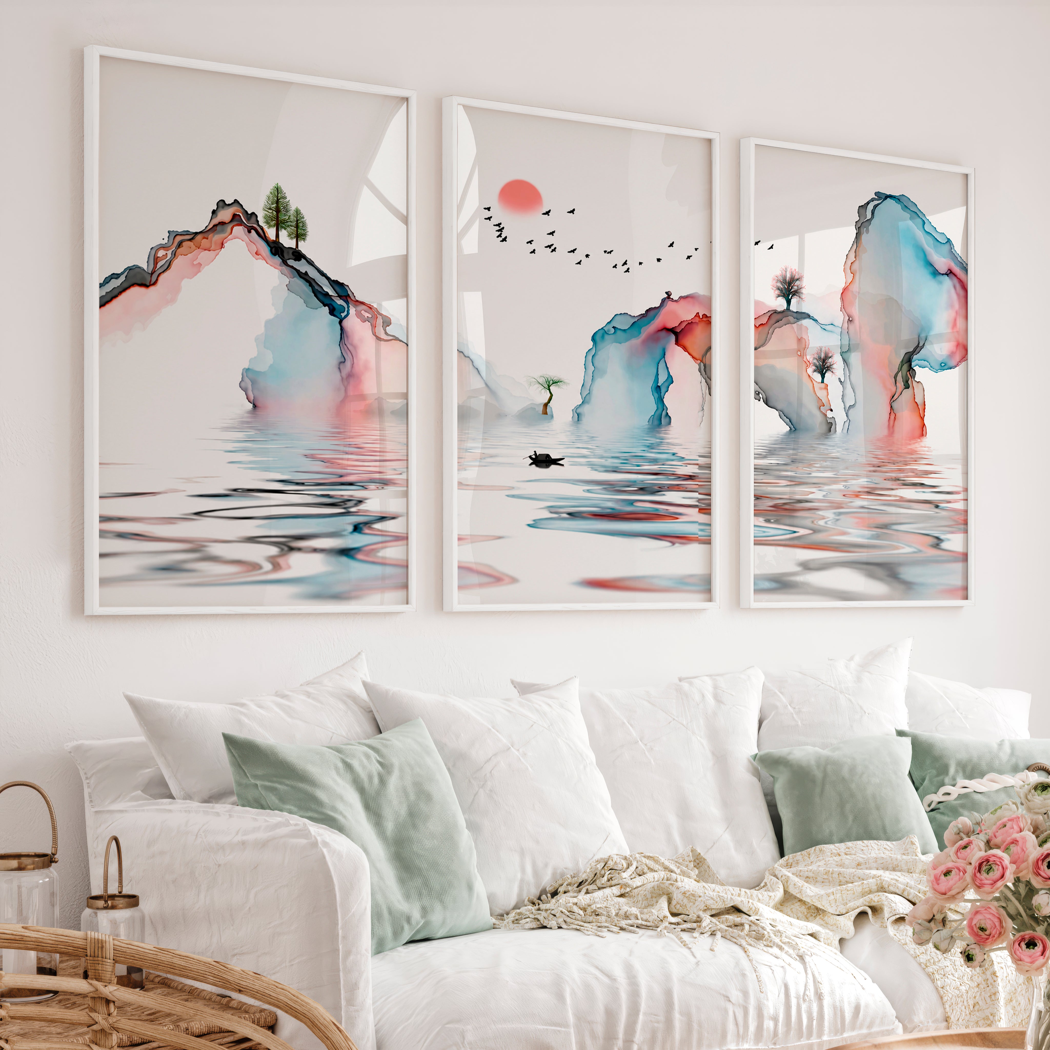 Japanese Wall Art Panels Featuring Misty Pine Forest - White Framed Poster No Border - Artworksets
