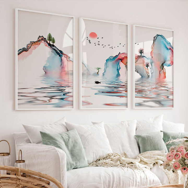 Japanese Wall Art Panels Featuring Misty Pine Forest - White Framed Poster No Border - Artworksets