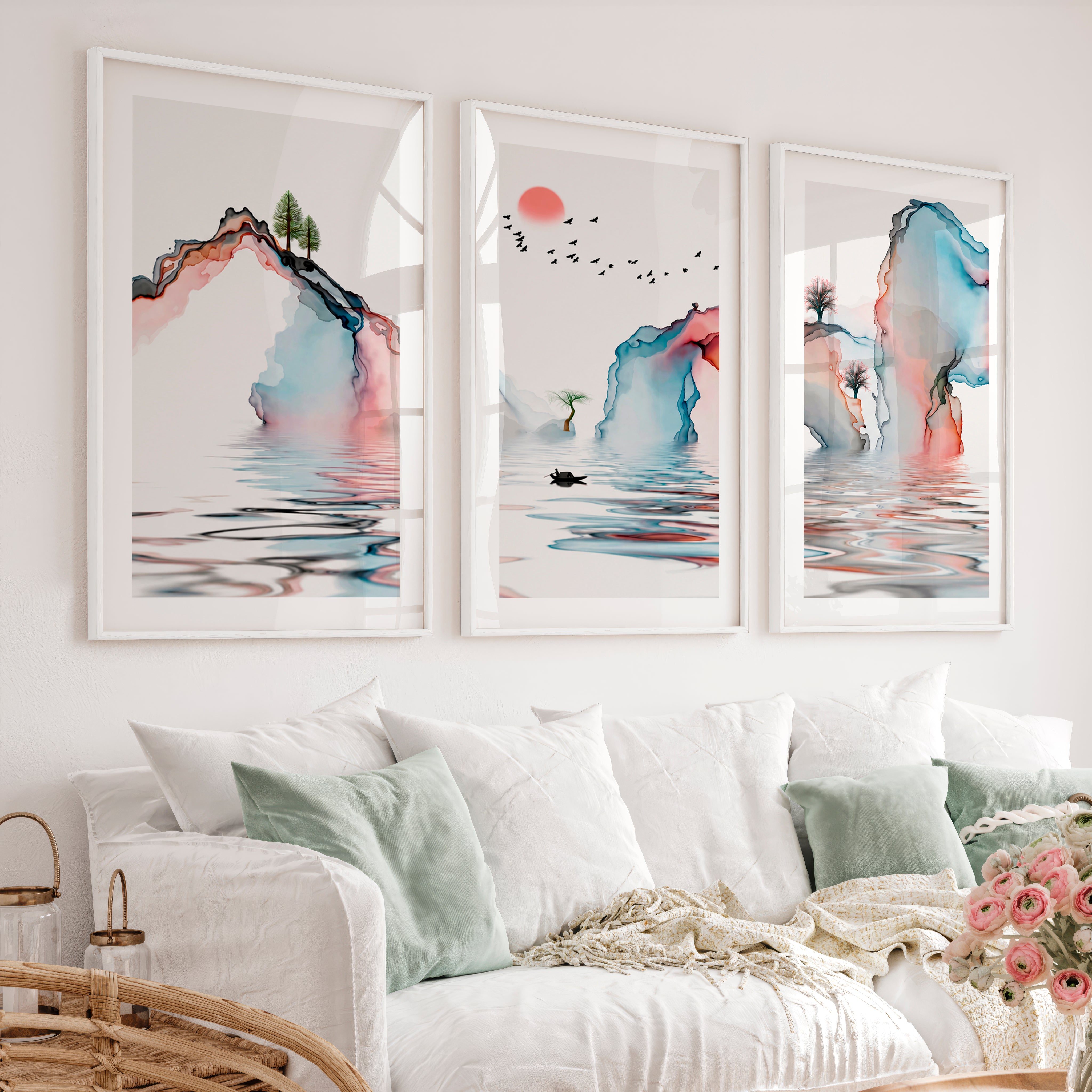 Japanese Wall Art Panels Featuring Misty Pine Forest - White Framed Poster with White Border - Artworksets