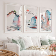 Japanese Wall Art Panels Featuring Misty Pine Forest - White Framed Poster with White Border - Artworksets