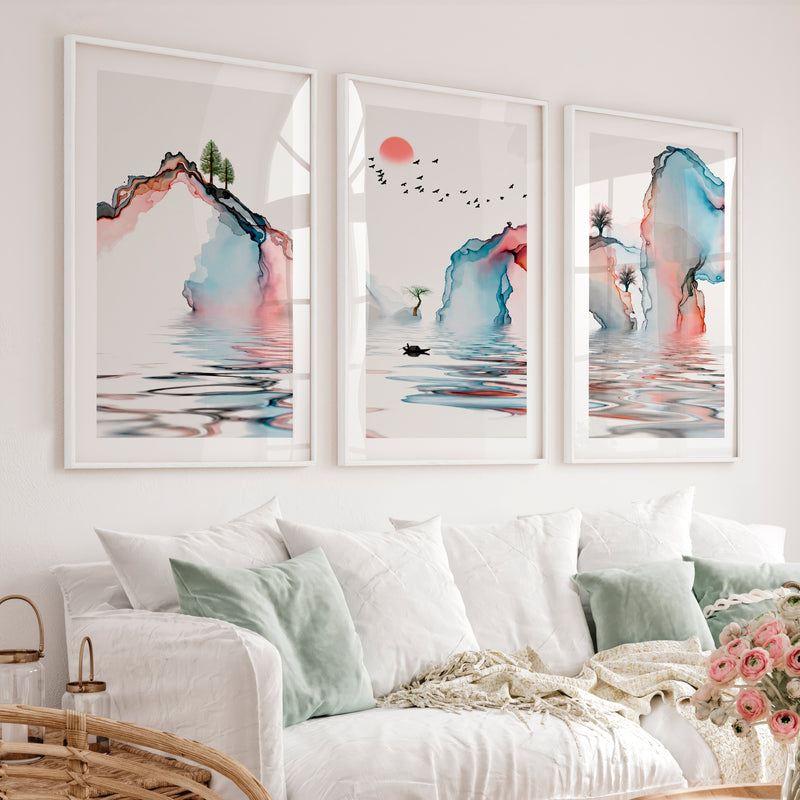 Japanese Wall Art Panels Featuring Misty Pine Forest - White Framed Poster with White Border - Artworksets
