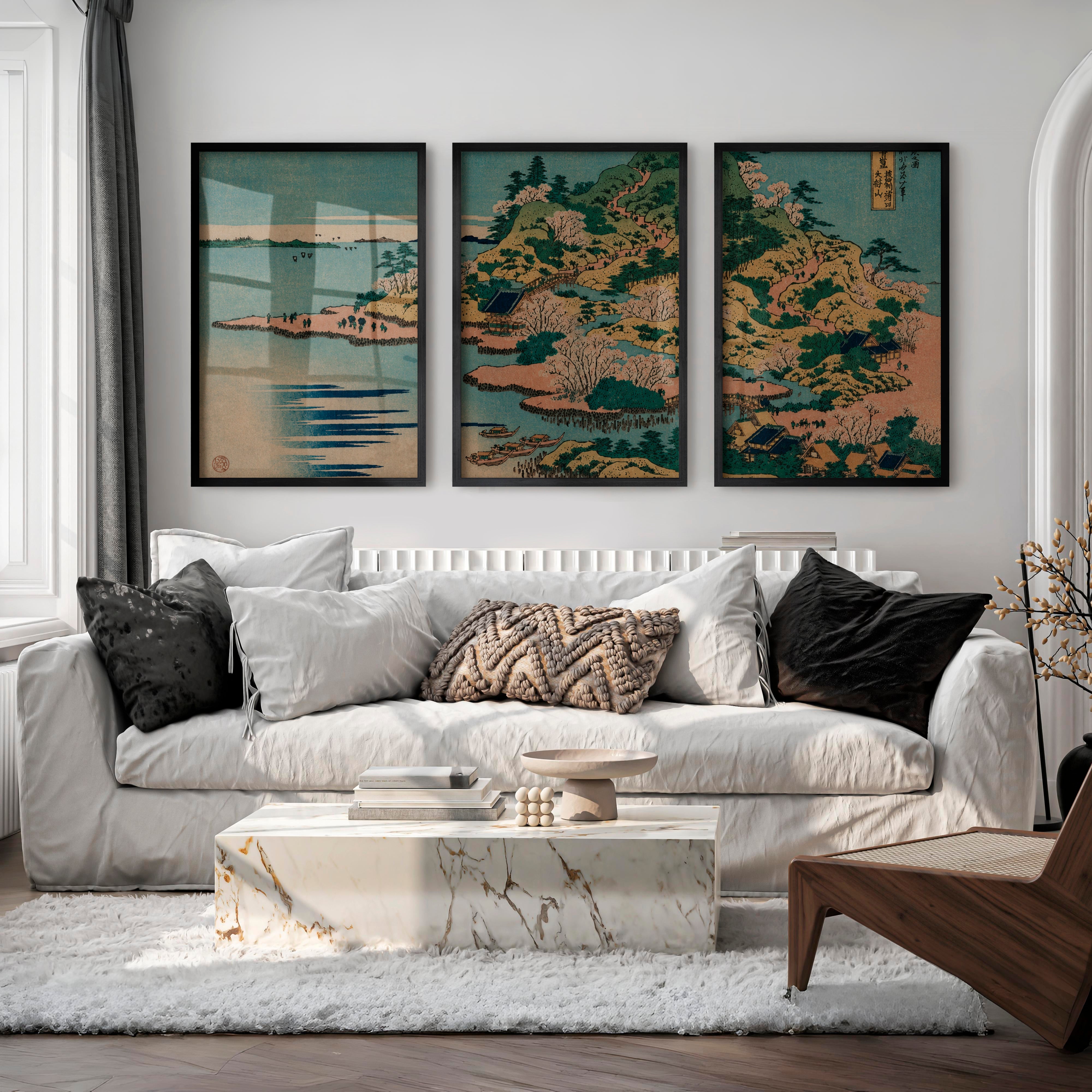 Japanese Wall Art Panels Featuring Sun and Birds Over Tranquil Water - Black Framed Poster No Border - Artworksets