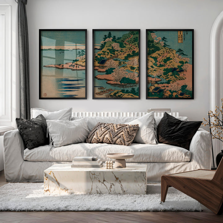 Japanese Wall Art Panels Featuring Sun and Birds Over Tranquil Water - Black Framed Poster No Border - Artworksets