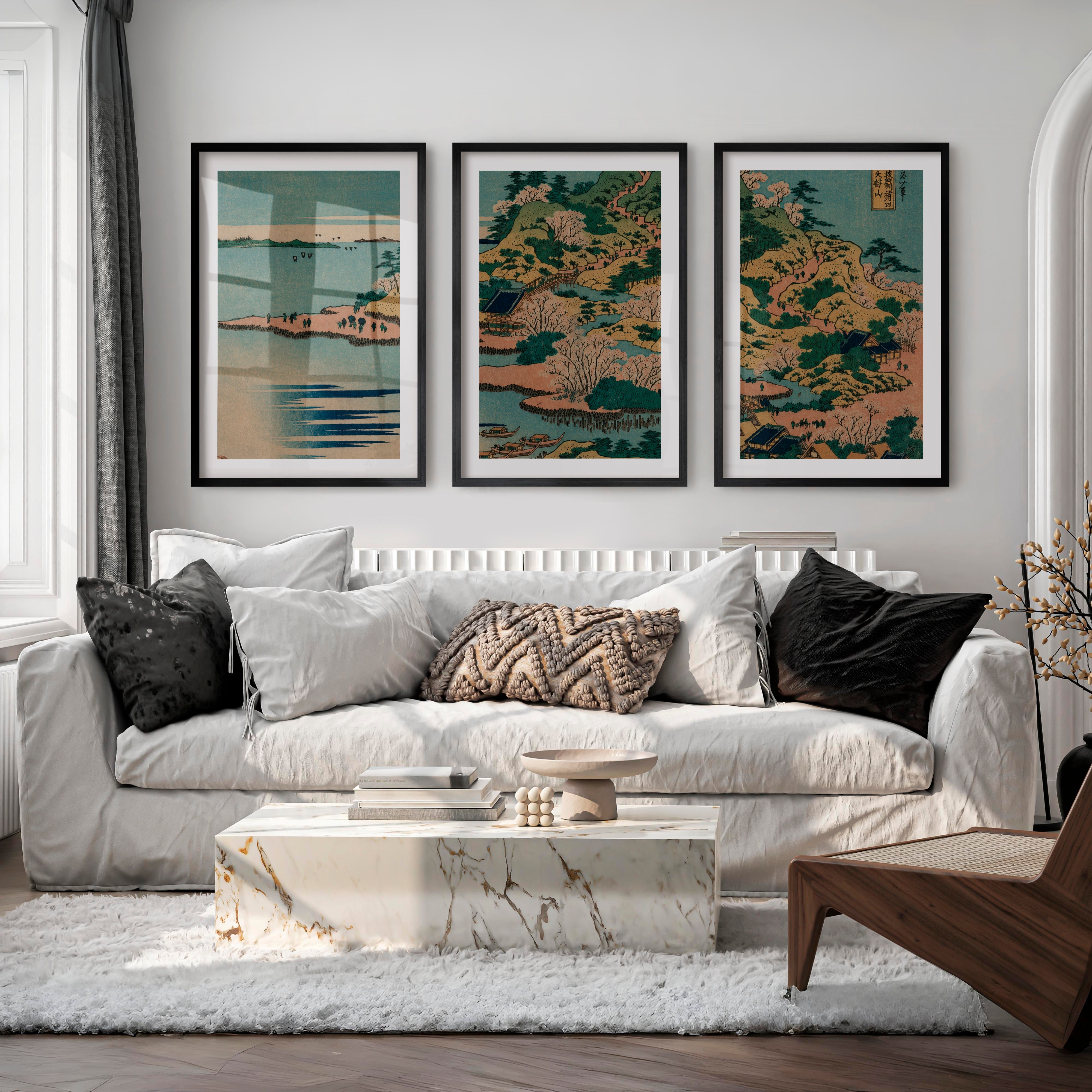Japanese Wall Art Panels Featuring Sun and Birds Over Tranquil Water - Black Framed Poster with White Border - Artworksets