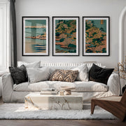 Japanese Wall Art Panels Featuring Sun and Birds Over Tranquil Water - Black Framed Poster with White Border - Artworksets
