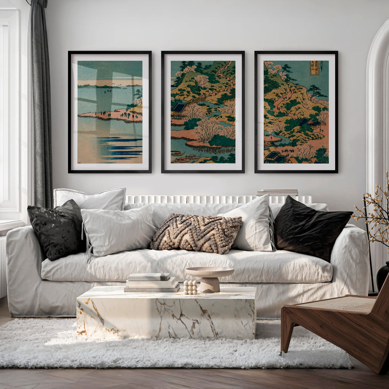 Japanese Wall Art Panels Featuring Sun and Birds Over Tranquil Water - Black Framed Poster with White Border - Artworksets