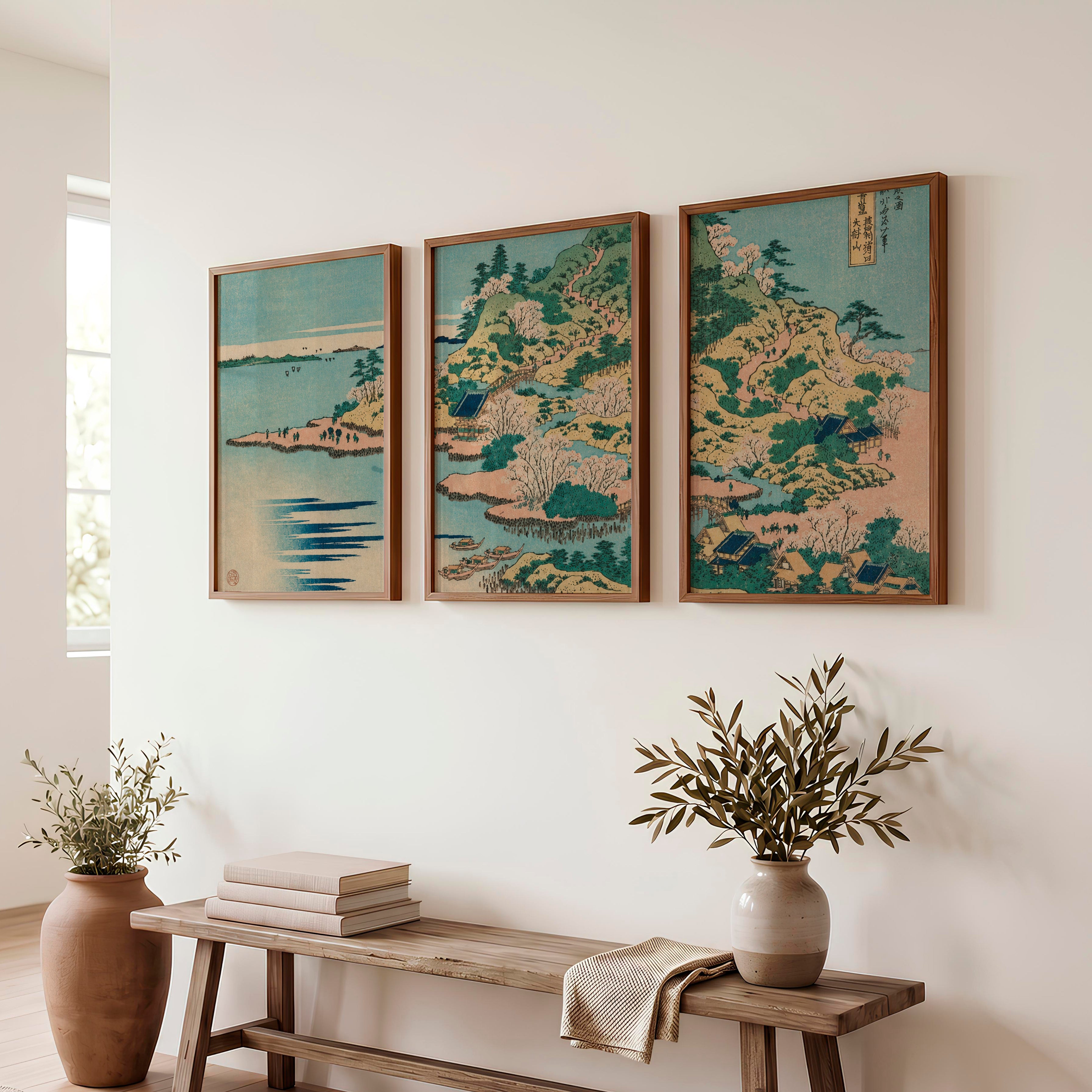 Japanese Wall Art Panels Featuring Sun and Birds Over Tranquil Water - Dark Brown Framed Poster No Border - Artworksets