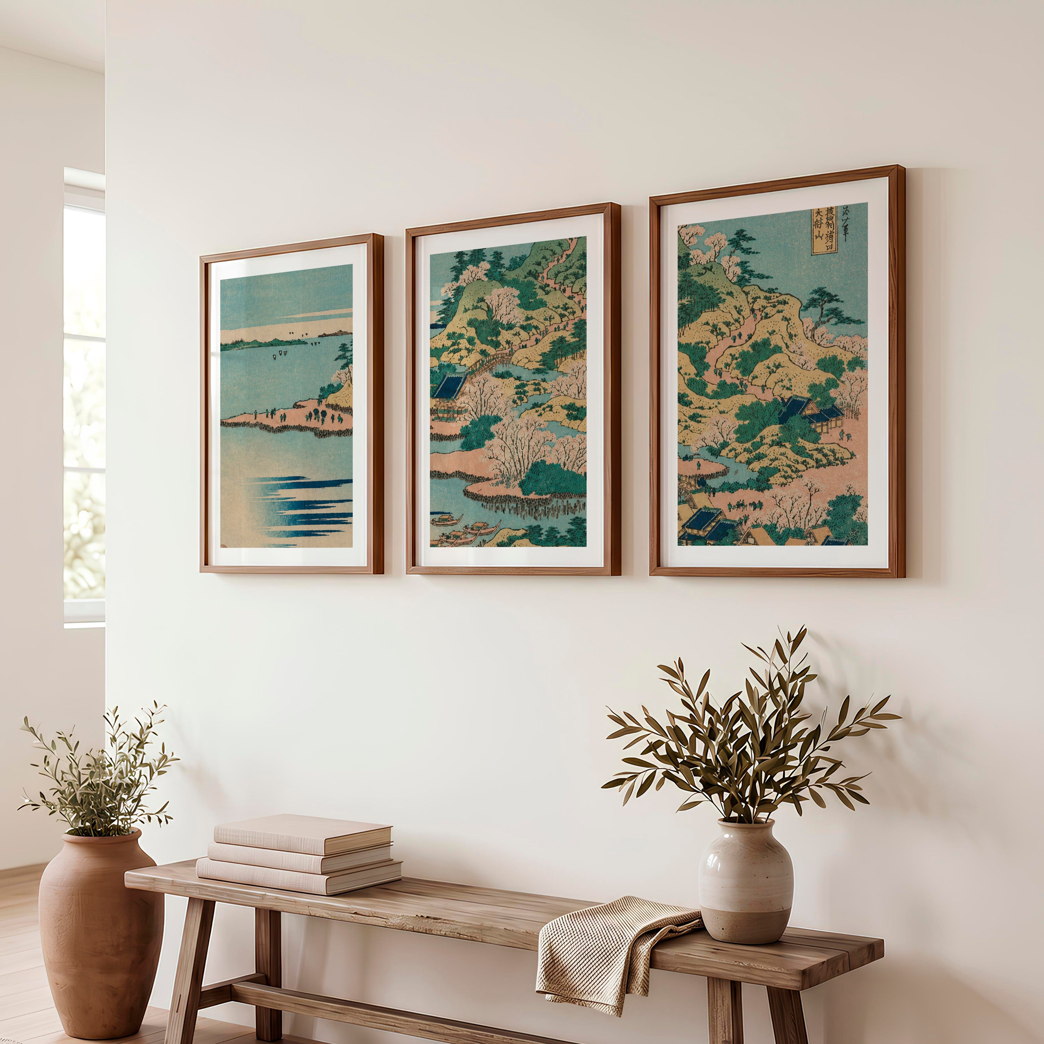 Japanese Wall Art Panels Featuring Sun and Birds Over Tranquil Water - Dark Brown Framed Poster with White Border - Artworksets