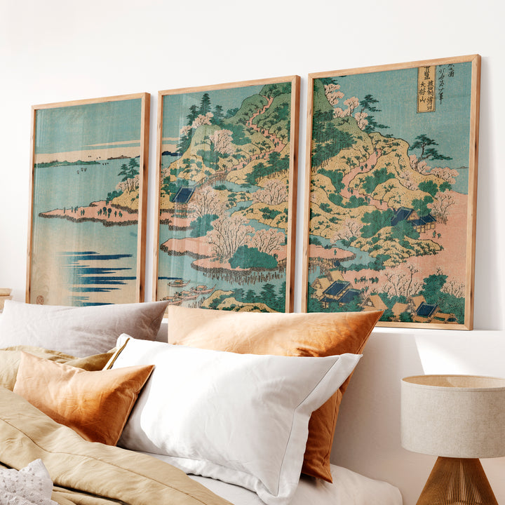 Japanese Wall Art Panels Featuring Sun and Birds Over Tranquil Water - Natural Wood Framed Poster No Border - Artworksets