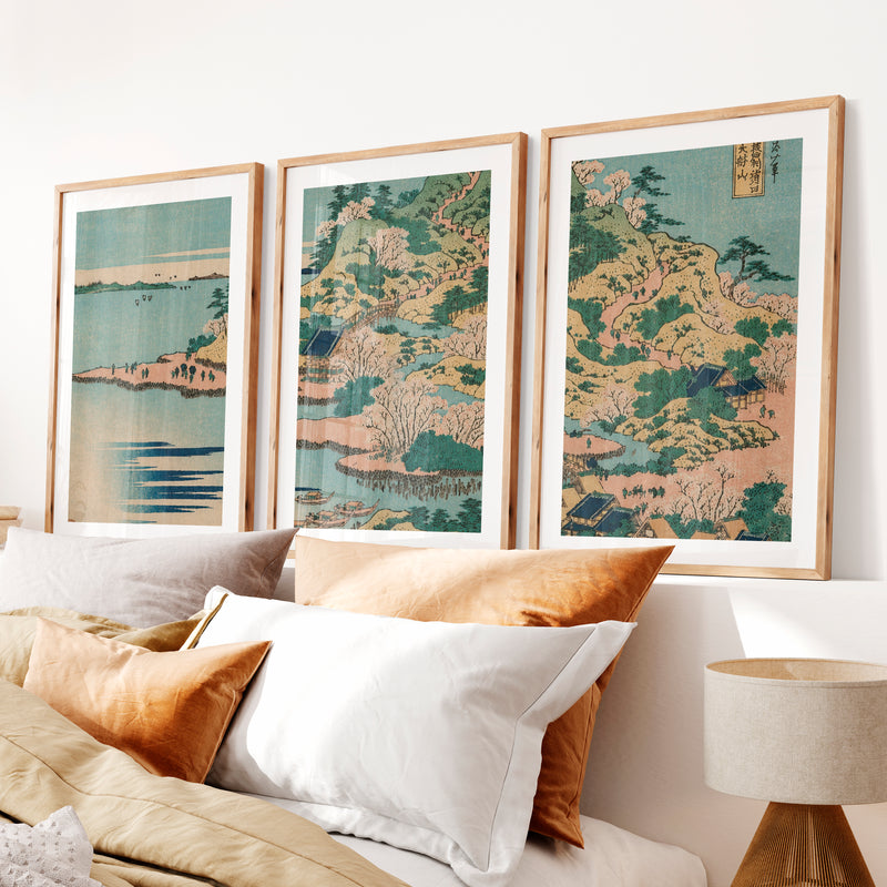 Japanese Wall Art Panels Featuring Sun and Birds Over Tranquil Water- Natural Wood Framed Poster with White Border - Artworksets