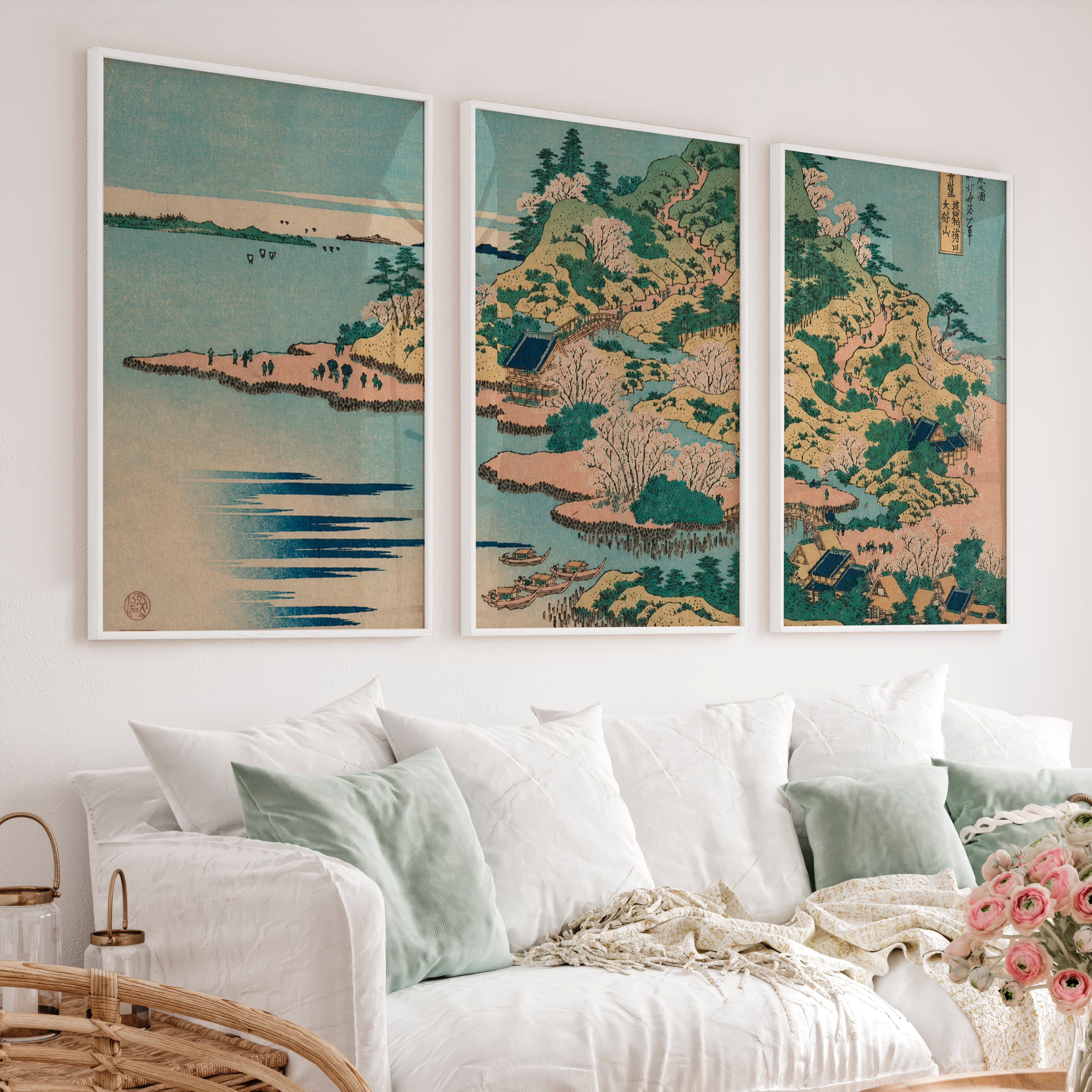 Japanese Wall Art Panels Featuring Sun and Birds Over Tranquil Water - White Framed Poster No Border - Artworksets