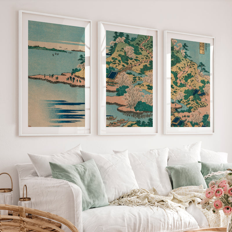 Japanese Wall Art Panels Featuring Sun and Birds Over Tranquil Water - White Framed Poster with White Border - Artworksets