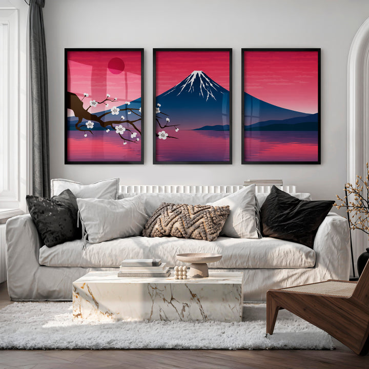 Mystic Pine Path Japanese Wall Art Triptych - Black Framed Poster No Border - Artworksets