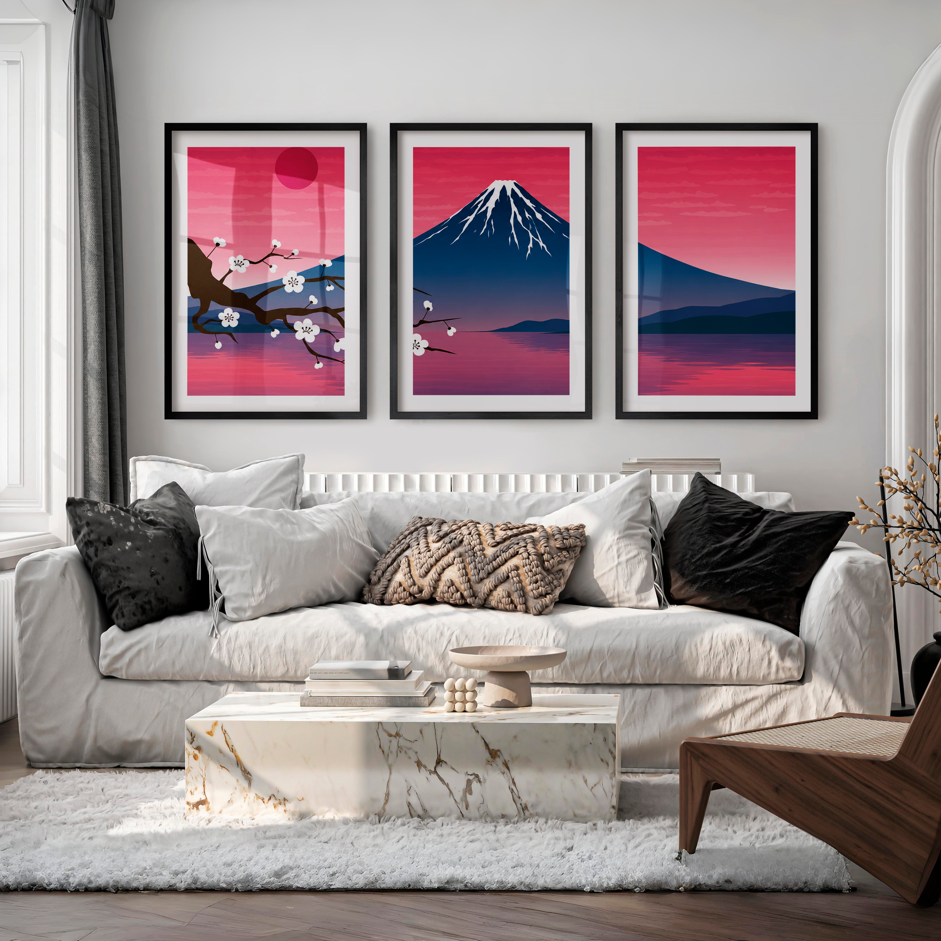 Mystic Pine Path Japanese Wall Art Triptych - Black Framed Poster with White Border - Artworksets