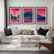 Mystic Pine Path Japanese Wall Art Triptych - Black Framed Poster with White Border - Artworksets