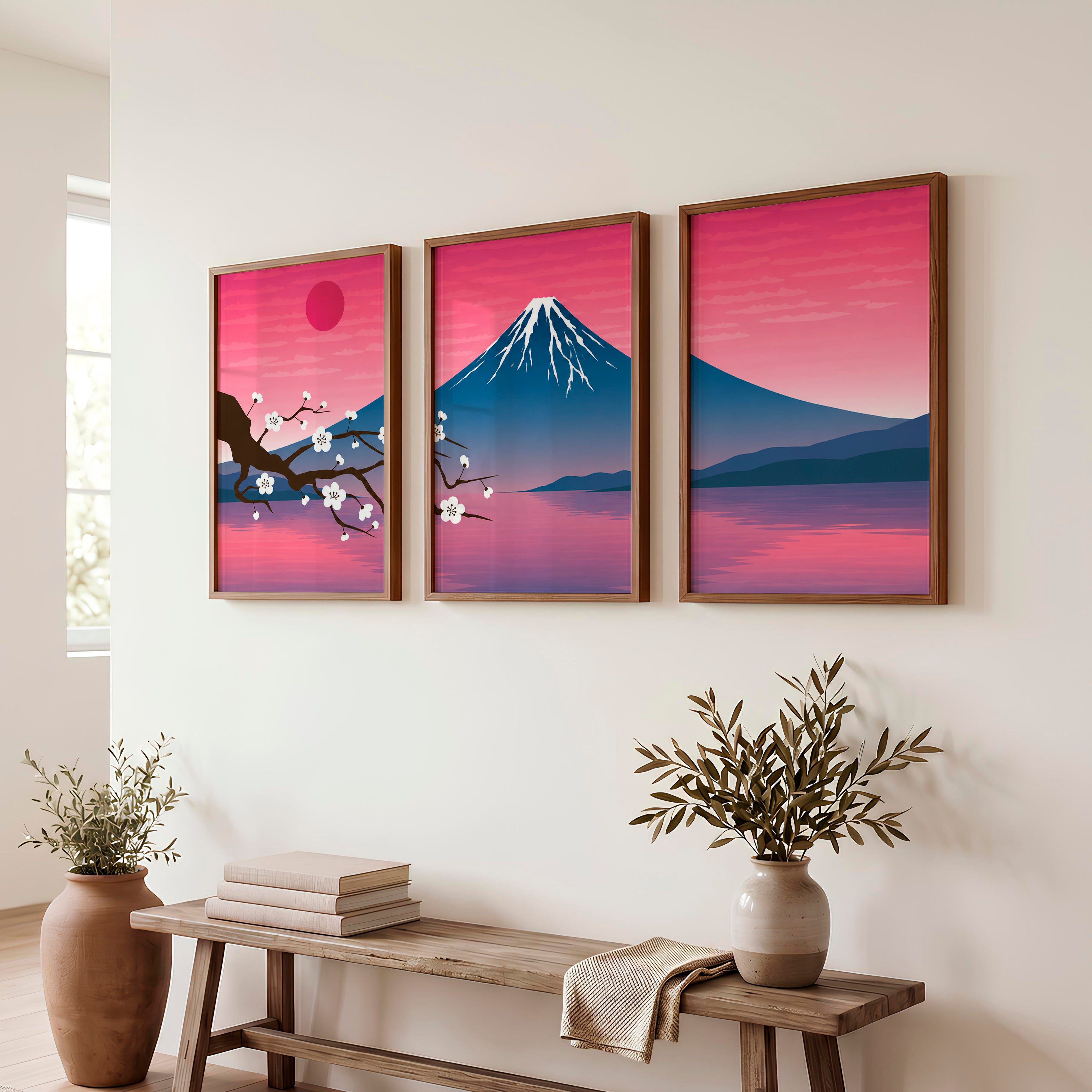 Mystic Pine Path Japanese Wall Art Triptych - Dark Brown Framed Poster No Border - Artworksets