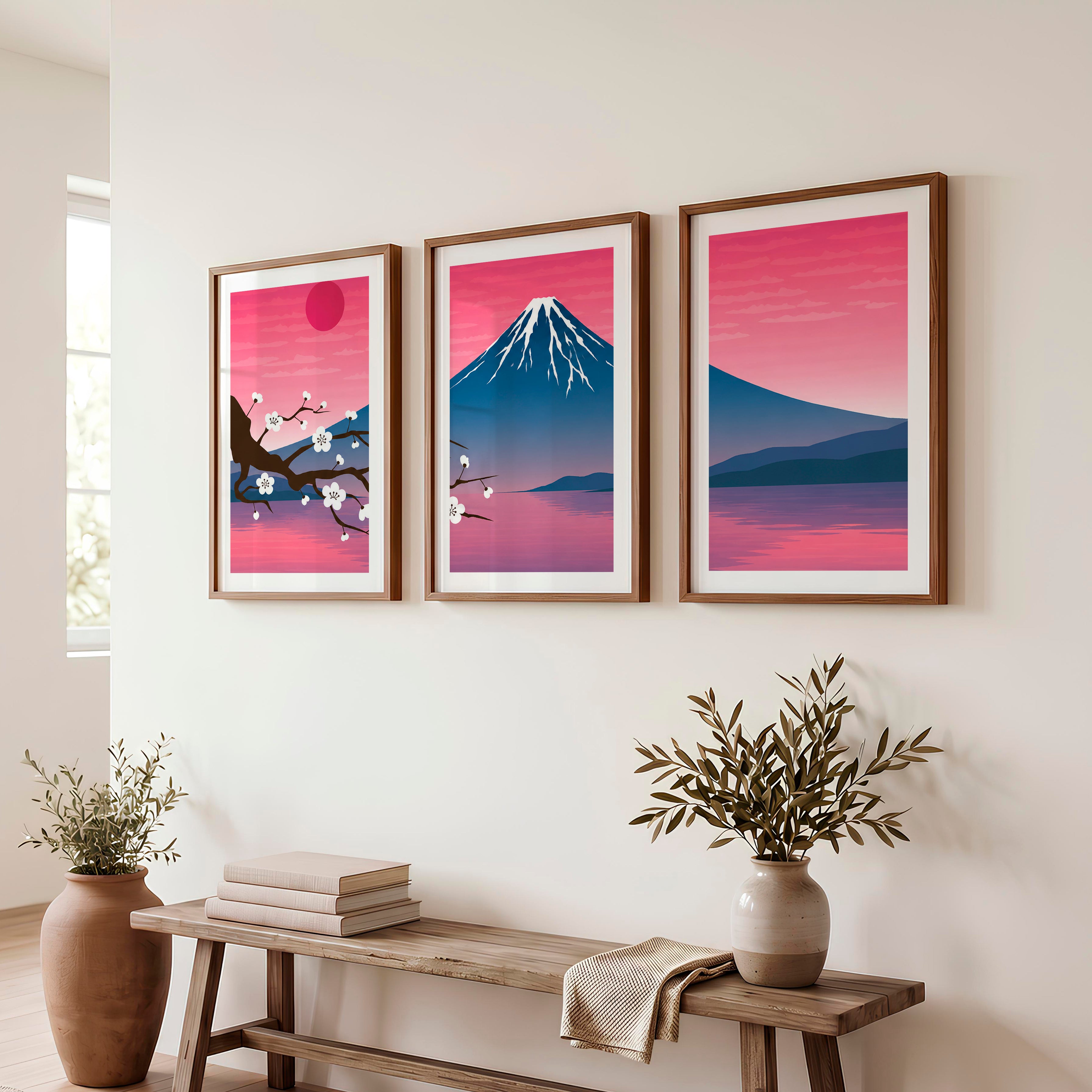 Mystic Pine Path Japanese Wall Art Triptych - Dark Brown Framed Poster with White Border - Artworksets