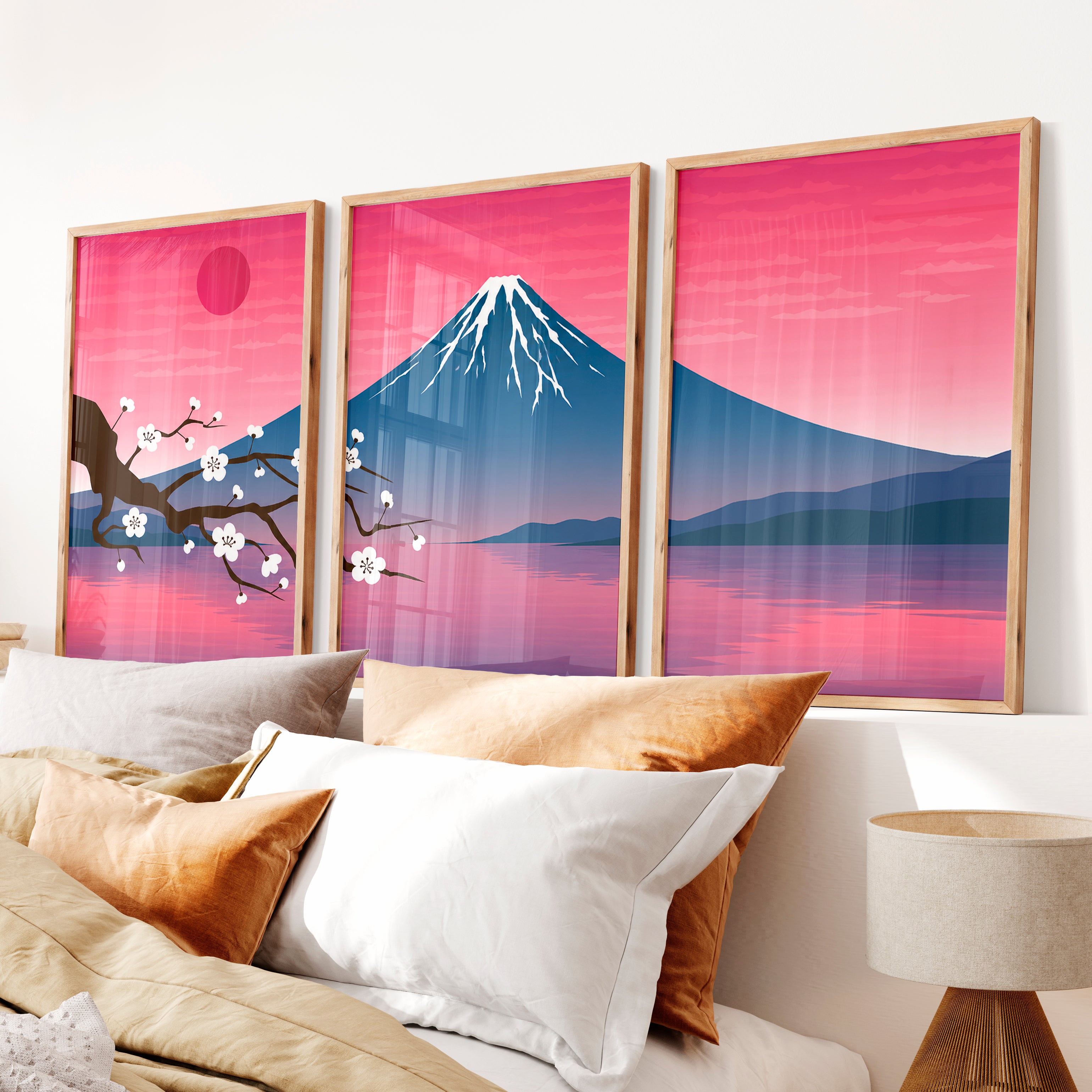 Mystic Pine Path Japanese Wall Art Triptych - Natural Wood Framed Poster No Border - Artworksets