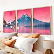 Mystic Pine Path Japanese Wall Art Triptych - Natural Wood Framed Poster No Border - Artworksets