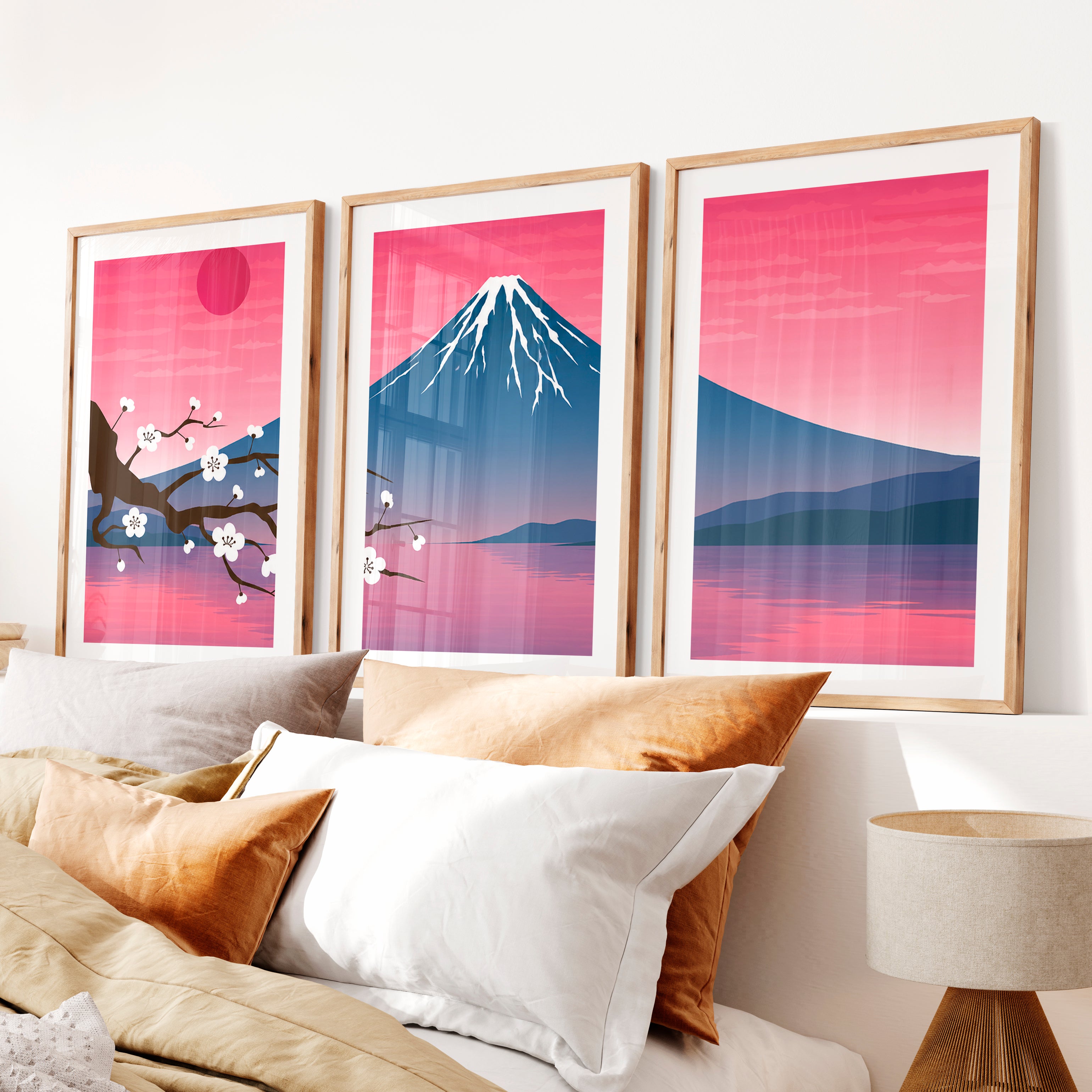 Mystic Pine Path Japanese Wall Art Triptych- Natural Wood Framed Poster with White Border - Artworksets
