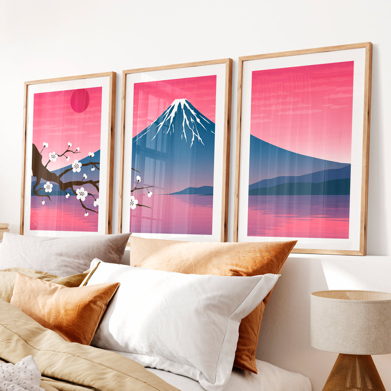 Mystic Pine Path Japanese Wall Art Triptych- Natural Wood Framed Poster with White Border - Artworksets