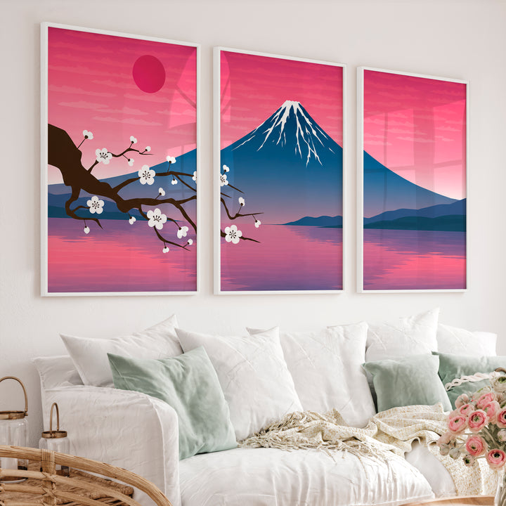 Mystic Pine Path Japanese Wall Art Triptych - White Framed Poster No Border - Artworksets