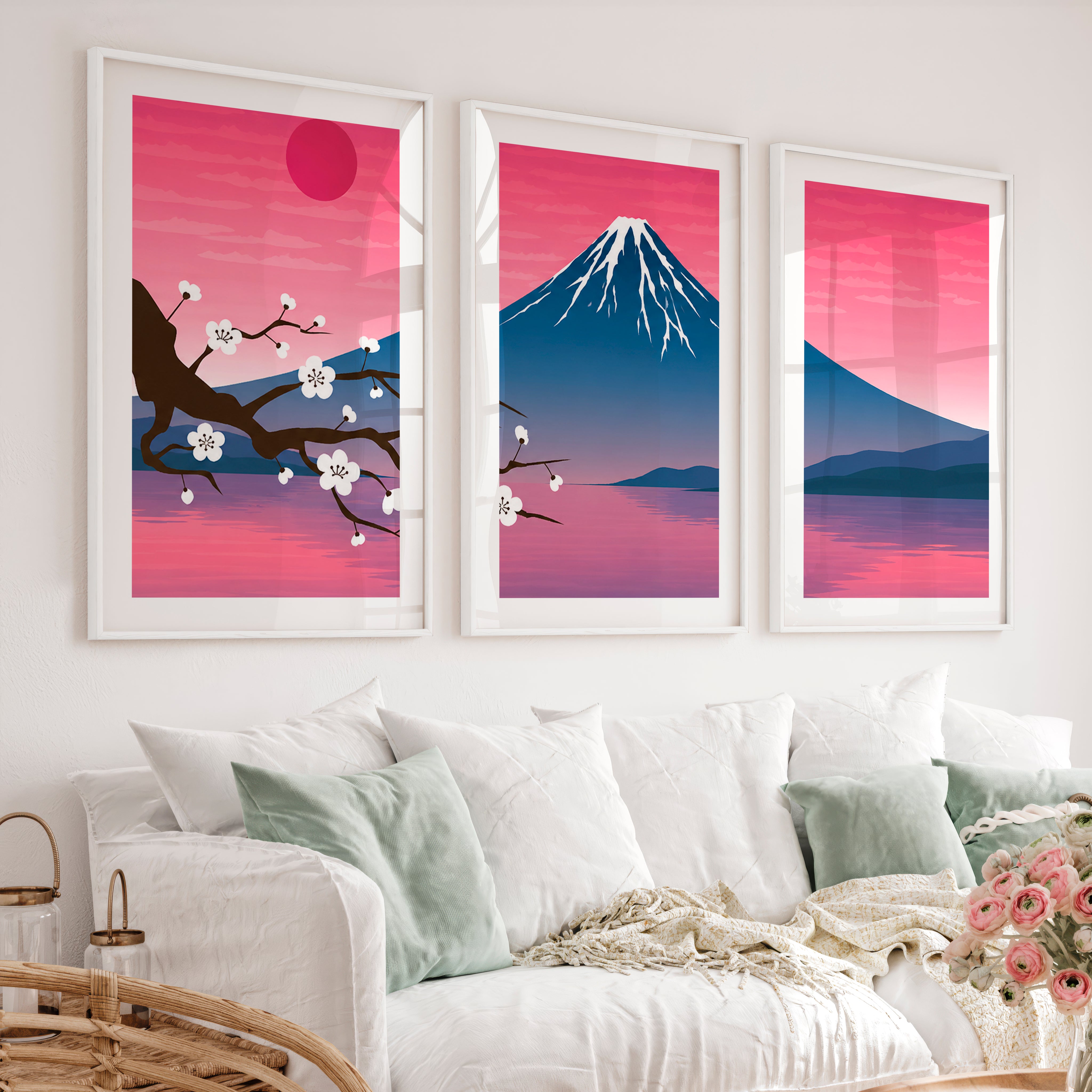 Mystic Pine Path Japanese Wall Art Triptych - White Framed Poster with White Border - Artworksets