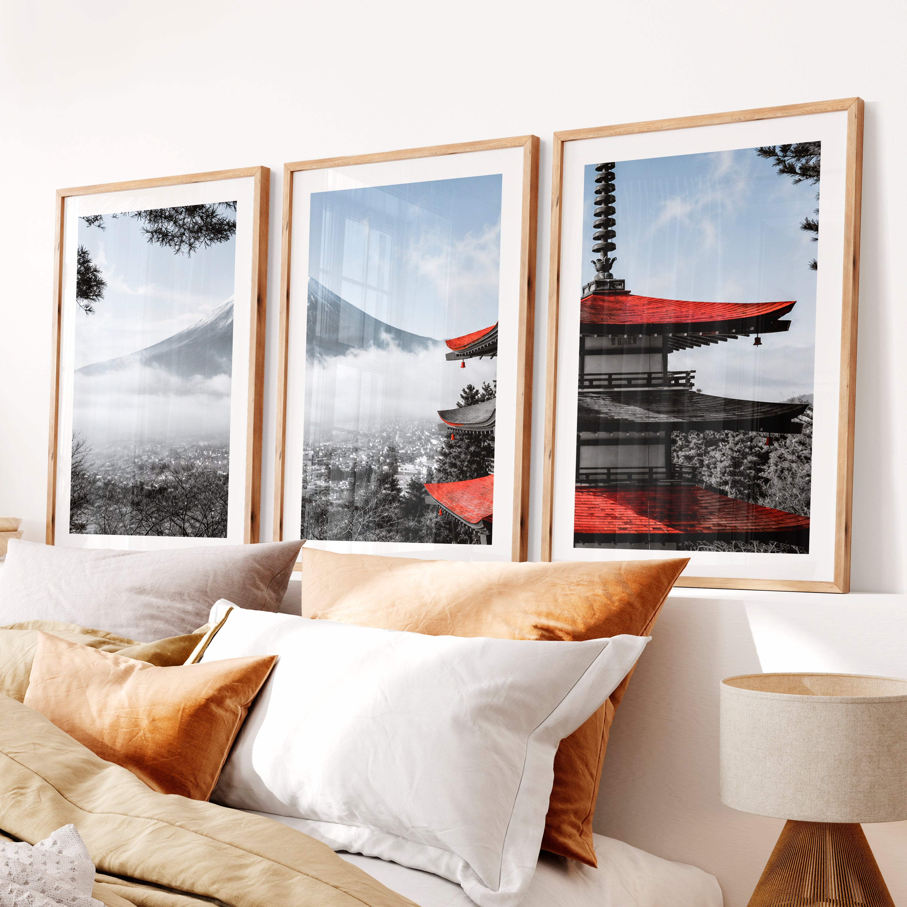 Flying Cranes Japanese Wall Art Prints- Natural Wood Framed Poster with White Border - Artworksets