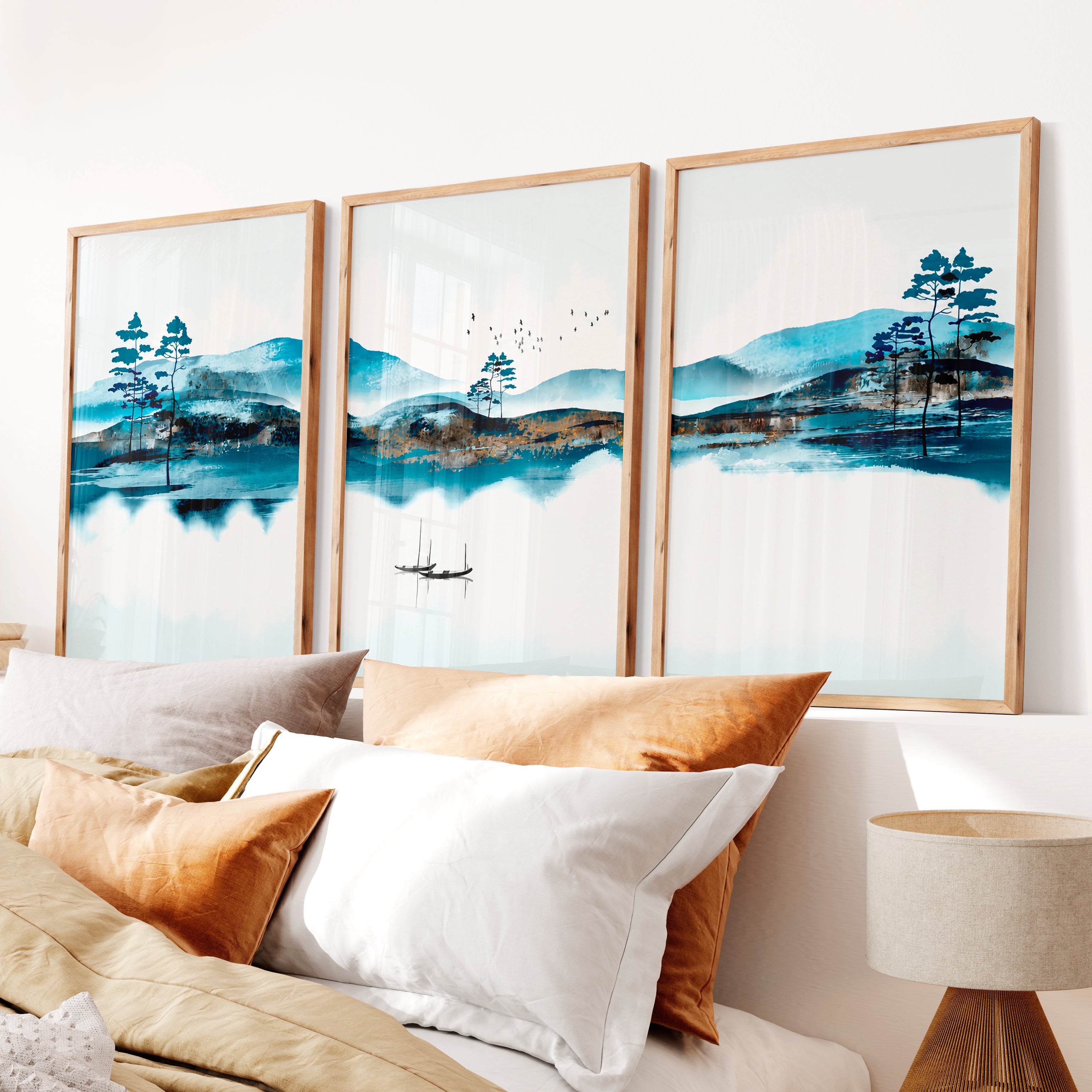 Japanese Wall Art Prints Featuring Overlapping Circles in Earthy Tones - Natural Wood Framed Poster No Border - Artworksets
