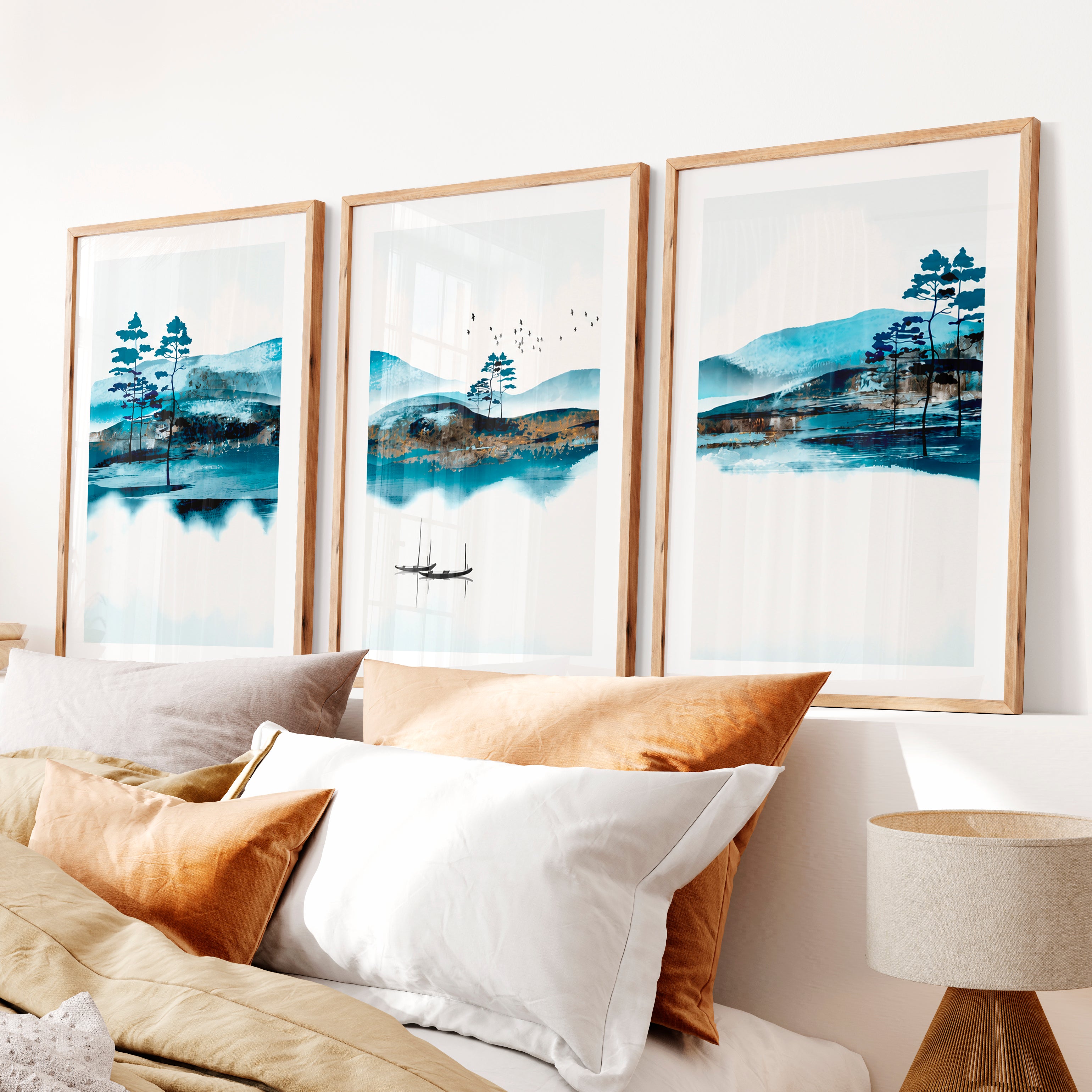 Japanese Wall Art Prints Featuring Overlapping Circles in Earthy Tones- Natural Wood Framed Poster with White Border - Artworksets