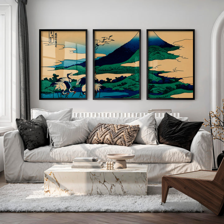 Japanese Wall Art Set of 3 Featuring Black Tree Silhouette and Orange Sun - Black Framed Poster No Border - Artworksets