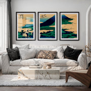 Japanese Wall Art Set of 3 Featuring Black Tree Silhouette and Orange Sun - Black Framed Poster with White Border - Artworksets