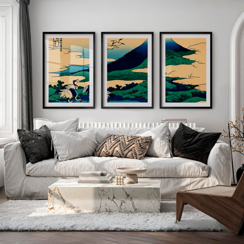 Japanese Wall Art Set of 3 Featuring Black Tree Silhouette and Orange Sun - Black Framed Poster with White Border - Artworksets