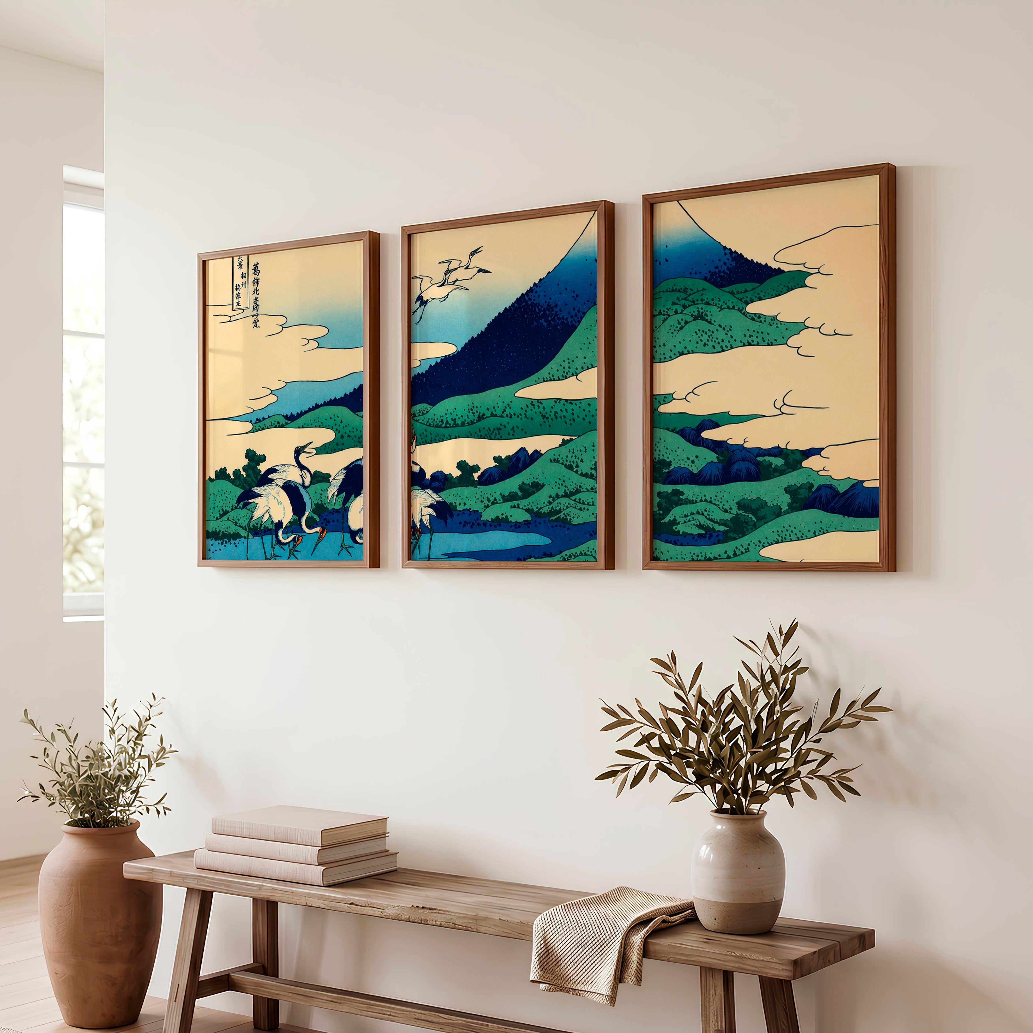 Japanese Wall Art Set of 3 Featuring Black Tree Silhouette and Orange Sun - Dark Brown Framed Poster No Border - Artworksets