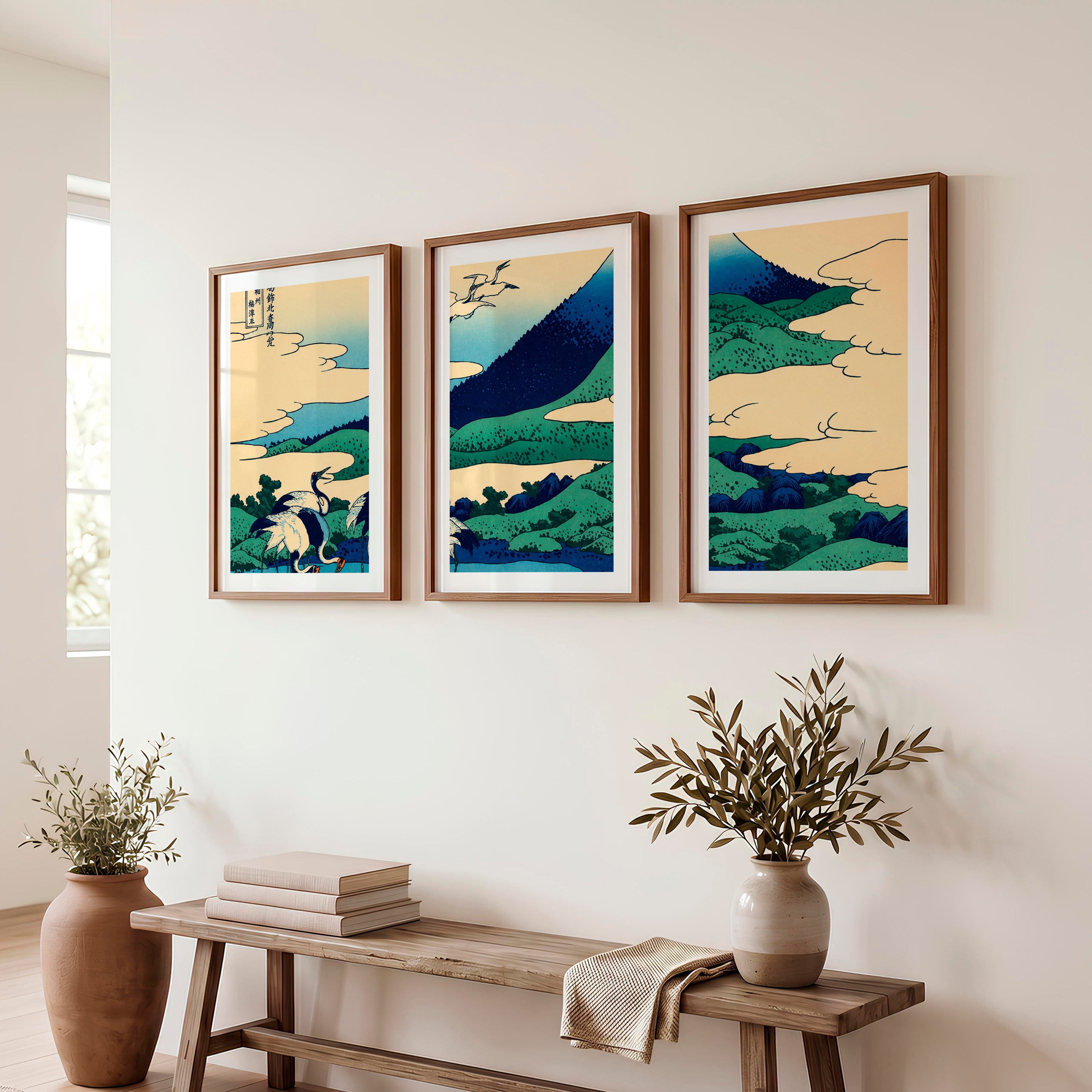 Japanese Wall Art Set of 3 Featuring Black Tree Silhouette and Orange Sun - Dark Brown Framed Poster with White Border - Artworksets