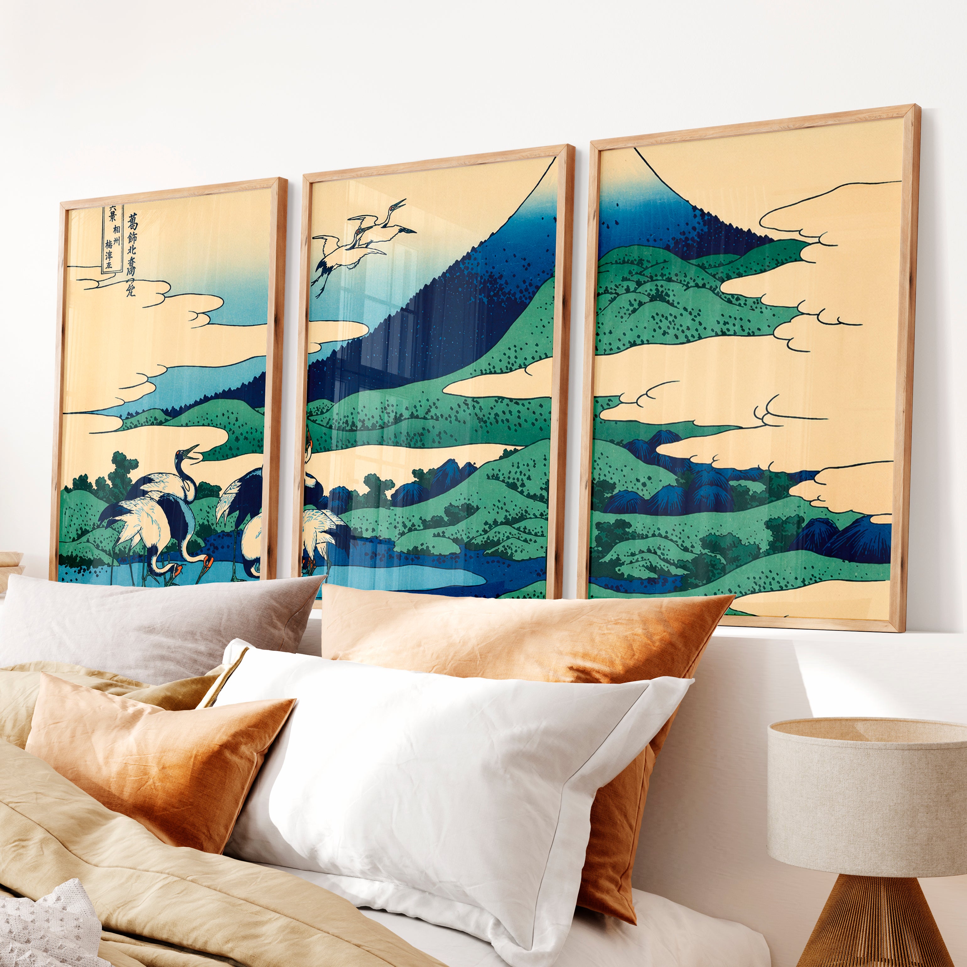 Japanese Wall Art Set of 3 Featuring Black Tree Silhouette and Orange Sun - Natural Wood Framed Poster No Border - Artworksets