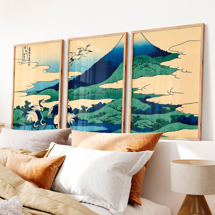 Japanese Wall Art Set of 3 Featuring Black Tree Silhouette and Orange Sun - Natural Wood Framed Poster No Border - Artworksets