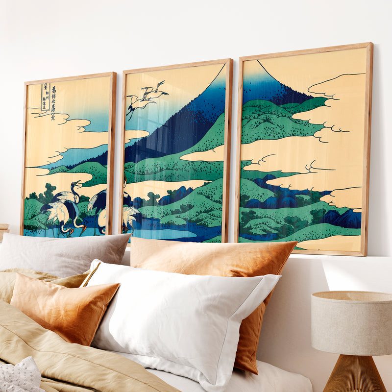 Japanese Wall Art Set of 3 Featuring Black Tree Silhouette and Orange Sun - Natural Wood Framed Poster No Border - Artworksets