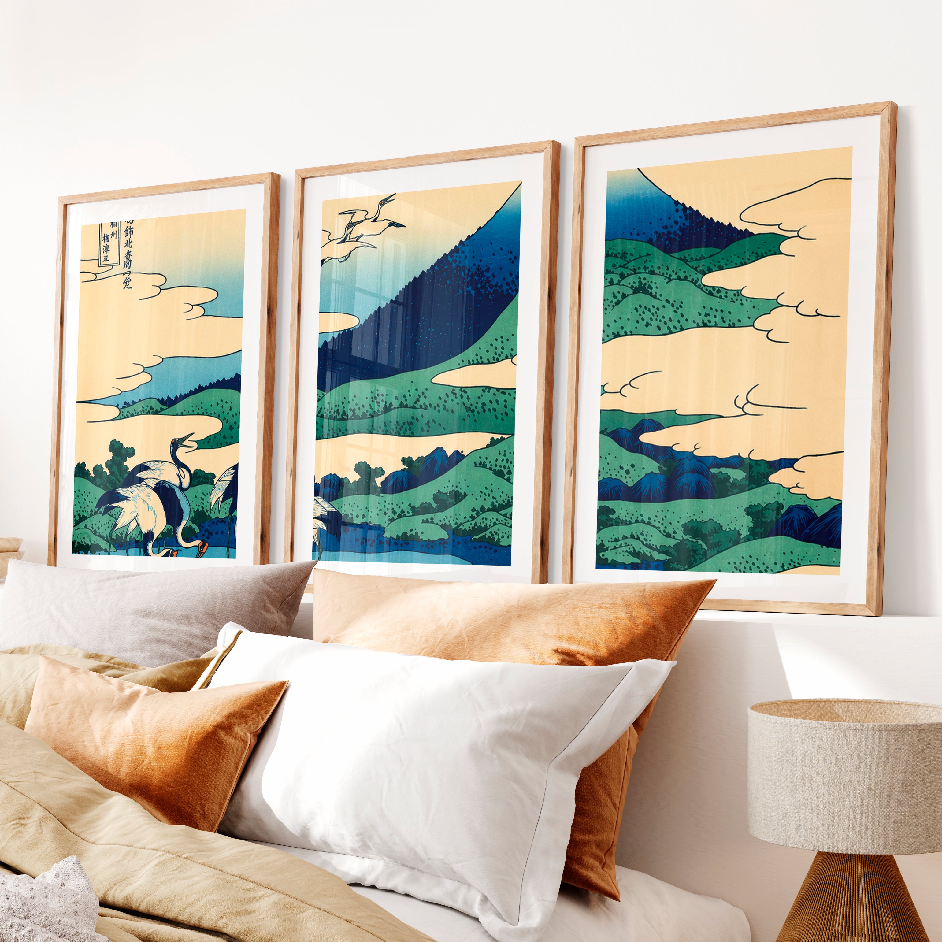 Japanese Wall Art Set of 3 Featuring Black Tree Silhouette and Orange Sun- Natural Wood Framed Poster with White Border - Artworksets