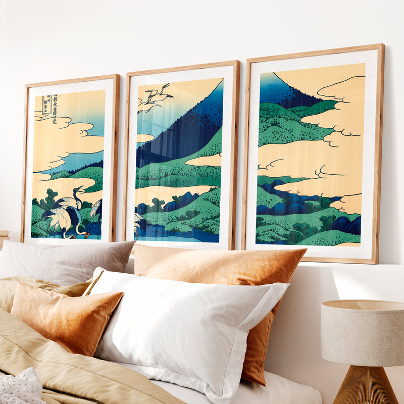 Japanese Wall Art Set of 3 Featuring Black Tree Silhouette and Orange Sun- Natural Wood Framed Poster with White Border - Artworksets