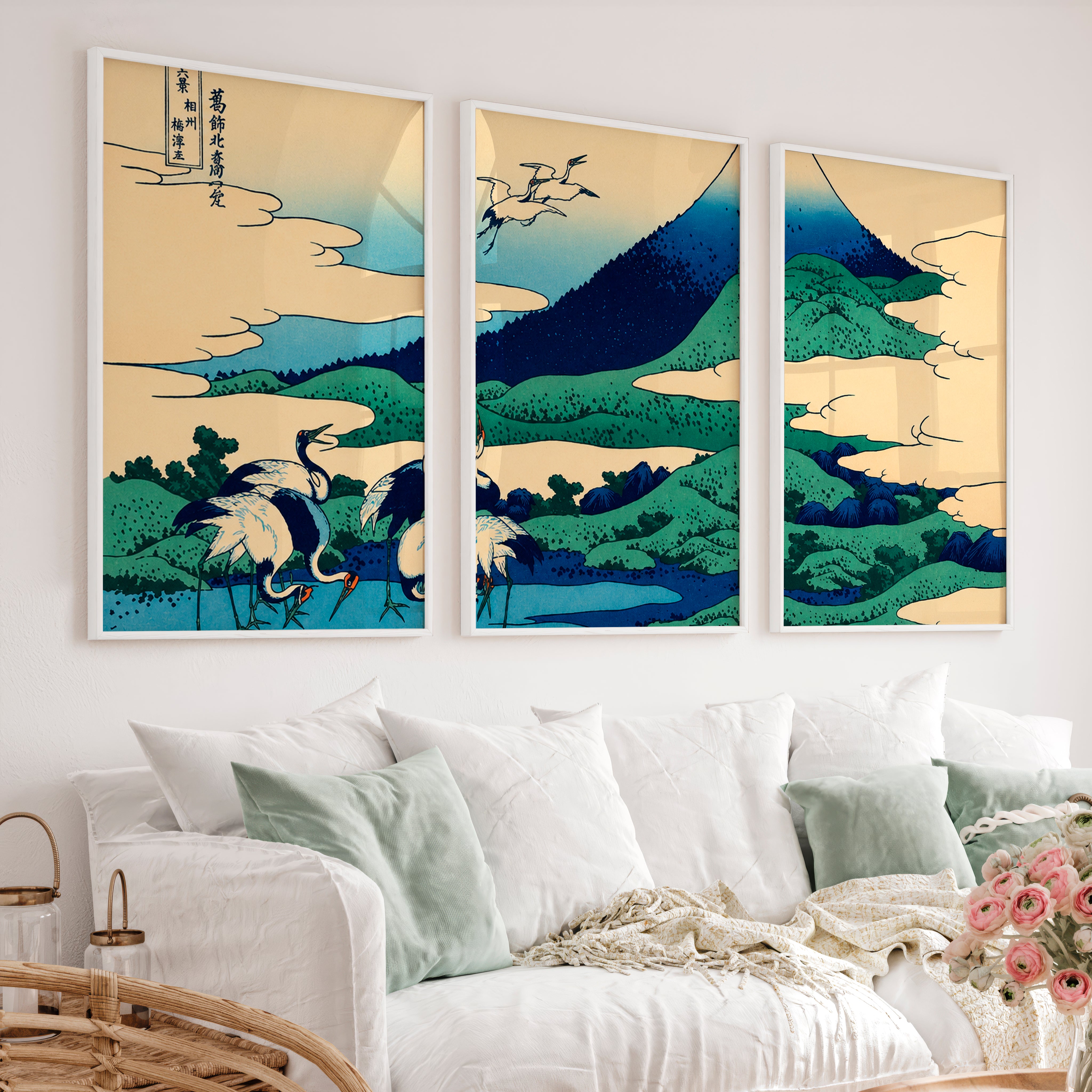 Japanese Wall Art Set of 3 Featuring Black Tree Silhouette and Orange Sun - White Framed Poster No Border - Artworksets