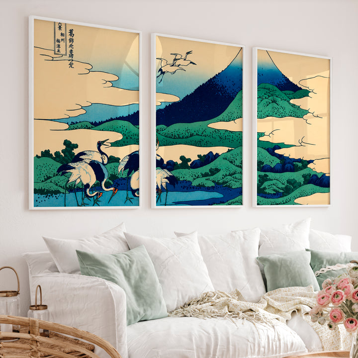 Japanese Wall Art Set of 3 Featuring Black Tree Silhouette and Orange Sun - White Framed Poster No Border - Artworksets