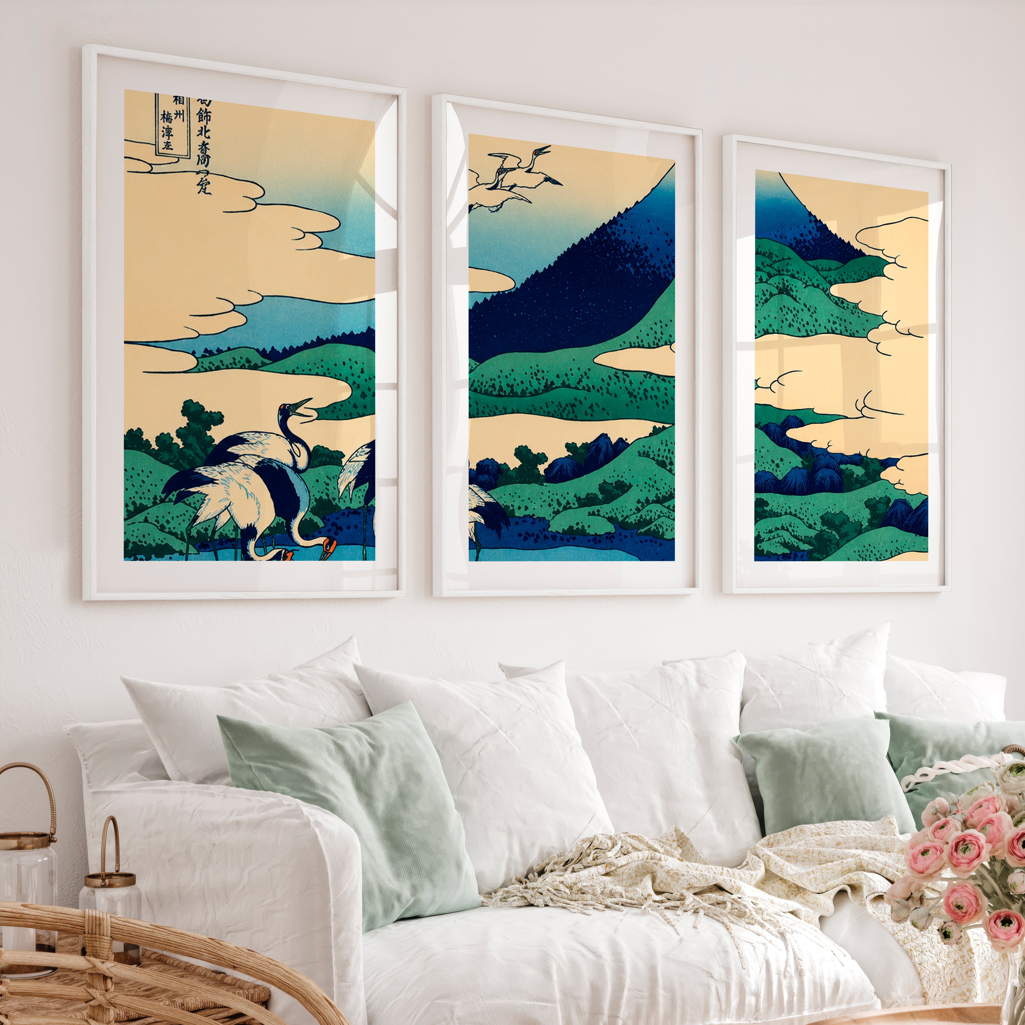 Japanese Wall Art Set of 3 Featuring Black Tree Silhouette and Orange Sun - White Framed Poster with White Border - Artworksets