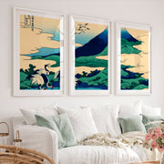 Japanese Wall Art Set of 3 Featuring Black Tree Silhouette and Orange Sun - White Framed Poster with White Border - Artworksets