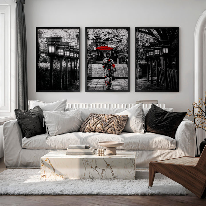 Elegant Japanese Wall Art Set of 3 Featuring Flying Cranes and Abstract Leaves - Black Framed Poster No Border - Artworksets